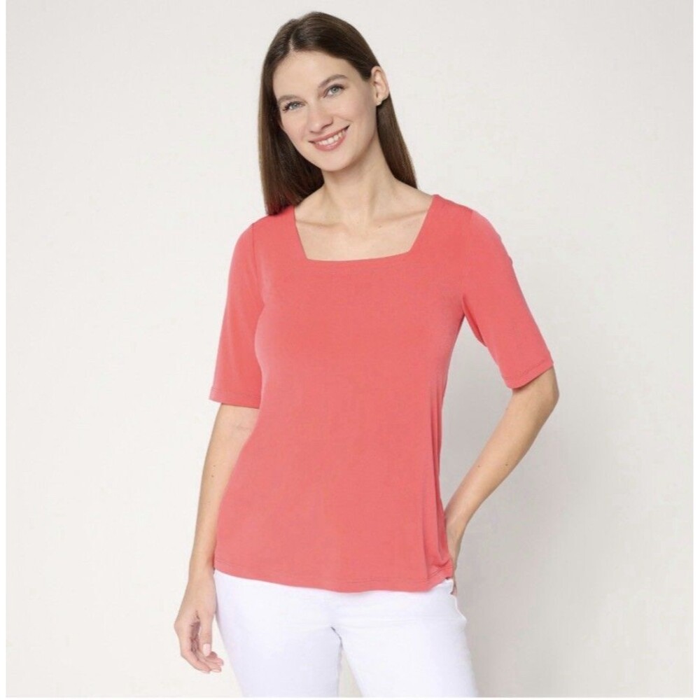 Susan Graver Modern Essentials Liquid Knit Square Neck Top Size Large  Coral